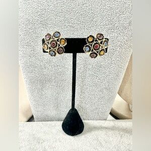 Vintage Gold Tone Flower With Muti Color Rhinestone Clip On Earrings